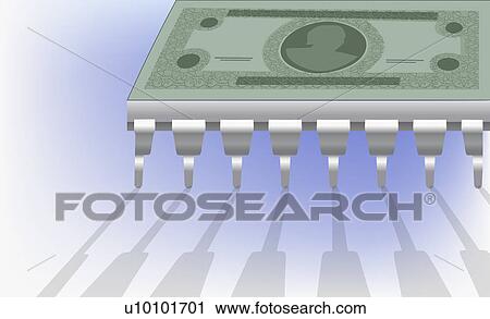 Clip Art - Close-up of a paper currency on a computer chip. Fotosearch