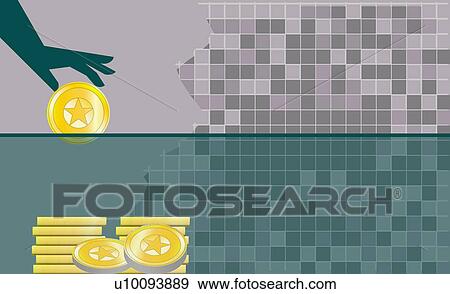 Stock Illustration - Close-up of a person's hand putting a coin into a piggy bank. Fotosearch