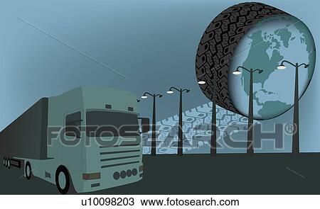 Drawing - Close-up of a semi-truck on the road near a tire showing the world map. Fotosearch