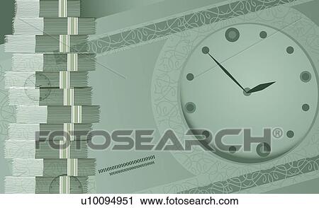 Clip Art - Close-up of a stack of paper money beside a wall clock. Fotosearch