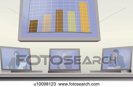 Close-up of three businessmen on laptop screens View Large Illustration Drawing - Close-up of three businessmen on laptop screens. Fotosearch