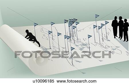 Four people and flags on a map View Large Illustration Stock Illustration - Four people and flags on a map. Fotosearch