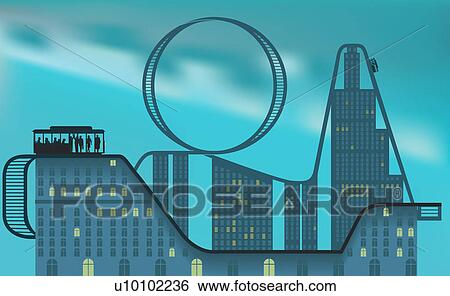 Stock Illustration - Group of people on a rollercoaster in a city. Fotosearch