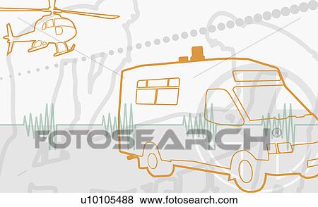 Helicopter flying over an ambulance View Large Illustration Stock Illustration - Helicopter flying over an ambulance. Fotosearch