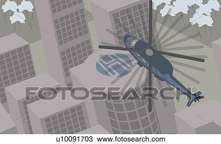 High angle view of a helicopter flying over buildings View Large Illustration Drawing - High angle view of a helicopter flying over buildings. Fotosearch