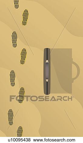 Stock Illustration - High angle view of footprints and a briefcase. Fotosearch
