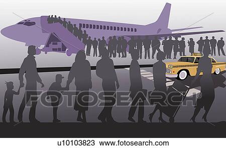 Drawing - Passengers boarding an airplane. Fotosearch