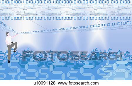 Stock Illustration - Rear view of a young man standing on digital dollar signs. Fotosearch