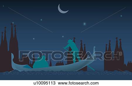 Silhouette of three people on a gondola at night, Venice, Veneto, Italy View Large Illustration Drawing - Silhouette of three people on a gondola at night, Venice, Veneto, Italy. Fotosearch