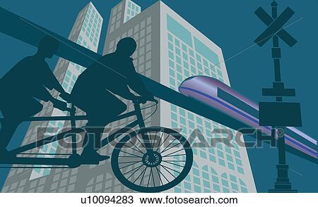 Drawing - Silhouette of two people riding a tandem bicycle. Fotosearch