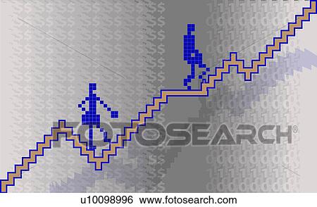 Stock Illustration - Two businesspeople climbing on graph line stairs. Fotosearch
