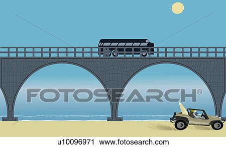 Clip Art - Woman driving a jeep on sand with a bus on a bridge beside her. Fotosearch