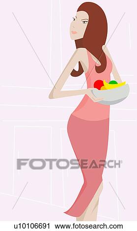 Close-up of a young woman holding a bowl of fruit View Large Illustration Clip Art - Close-up of a young woman holding a bowl of fruit. Fotosearch