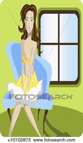 Drawing - Close-up of a young woman sitting on a chair. Fotosearch