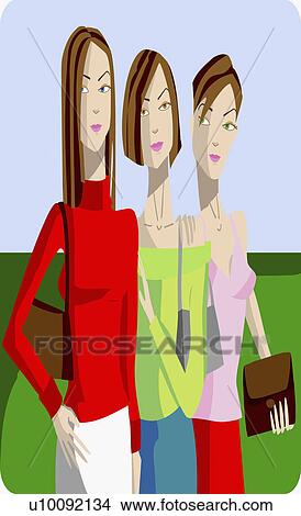 Stock Illustration - Close-up of three young women standing side by side. Fotosearch