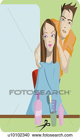 Clipart - Hairdresser standing behind a young woman. Fotosearch