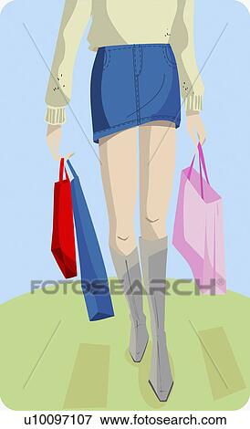 Stock Illustration - Low section view of a woman carrying shopping bags. Fotosearch