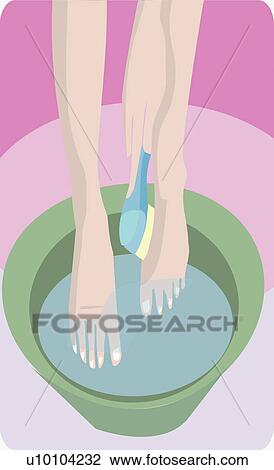 Low section view of a woman submerging her feet in a tub of water View Large Illustration Drawing - Low section view of a woman submerging her feet in a tub of water. Fotosearch