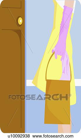 Stock Illustration - Mid section view of a woman standing in front of a door. Fotosearch