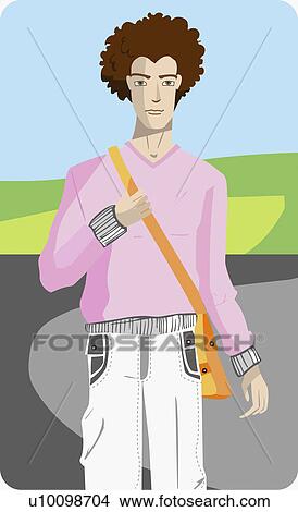 Portrait of a young man carrying a shoulder bag View Large Illustration Stock Illustration - Portrait of a young man carrying a shoulder bag. Fotosearch