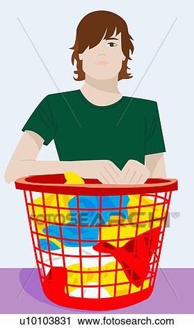Portrait of a young man holding a laundry basket View Large Illustration Clip Art - Portrait of a young man holding a laundry basket. Fotosearch