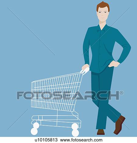 Drawing - Portrait of a young man standing and leaning against a shopping cart. Fotosearch