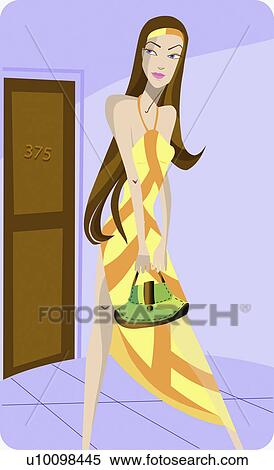 Portrait of a young woman holding a hand bag View Large Illustration Stock Illustration - Portrait of a young woman holding a hand bag. Fotosearch