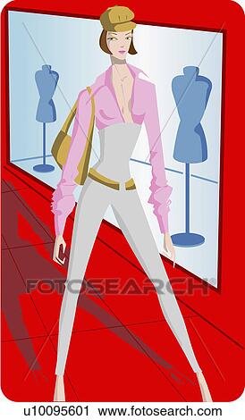 Portrait of a young woman standing in a shopping mall View Large Illustration Clip Art - Portrait of a young woman standing in a shopping mall. Fotosearch