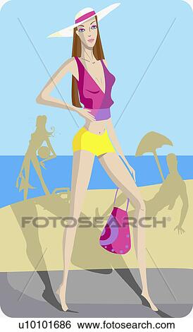 Stock Illustration - Portrait of a young woman standing on the beach. Fotosearch