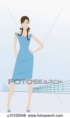 Stock Illustration - Portrait of a young woman standing on the road with her hand on her hip. Fotosearch