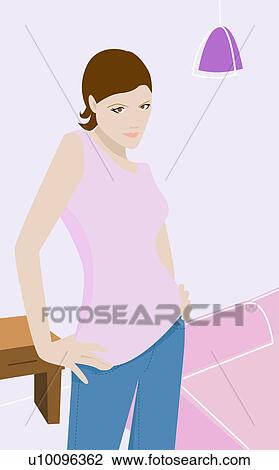 Drawing - Portrait of a young woman standing with arms akimbo. Fotosearch