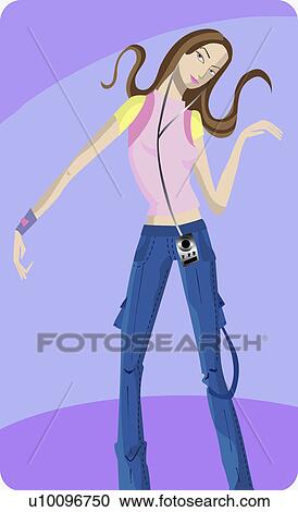 Clipart - Portrait of a young woman wearing headphones and listening to music. Fotosearch