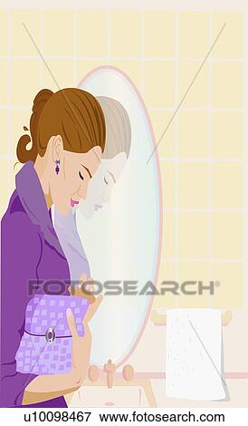 Stock Illustration - Side profile of a young woman entering a bathroom with her purse. Fotosearch