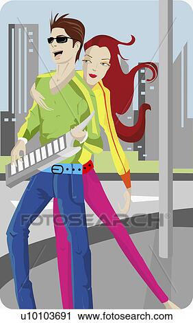 Clip Art - Young man playing an electric guitar and a young woman embracing him from behind. Fotosearch