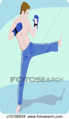 Stock Illustration - Young man practicing kickboxing. Fotosearch