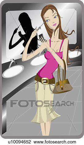 Drawing - Young woman applying eyeliner in a public bathroom. Fotosearch