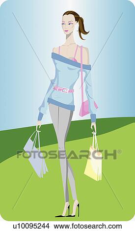 Stock Illustration - Young woman carrying shopping bags. Fotosearch