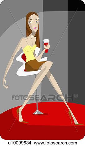 Stock Illustration - Young woman holding a drink in a restaurant. Fotosearch