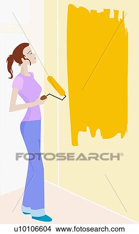 Stock Illustration - Young woman holding a paint roller in front of a wall. Fotosearch