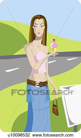 Young woman holding an ice-cream cone View Large Illustration Drawing - Young woman holding an ice-cream cone. Fotosearch