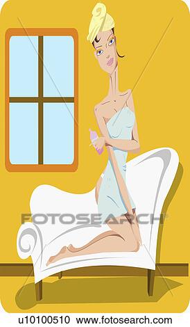 Clipart - Young woman kneeling on a chaise lounge and holding a moisturizer bottle. Fotosearch