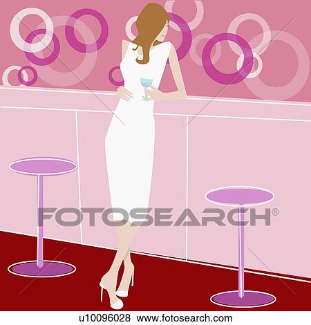 Stock Illustration - Young woman leaning against a bar counter and holding a wine glass. Fotosearch