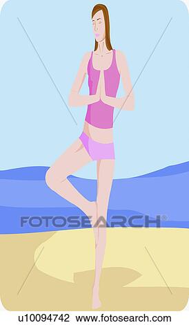 Young woman practicing yoga on the beach View Large Illustration Drawing - Young woman practicing yoga on the beach. Fotosearch