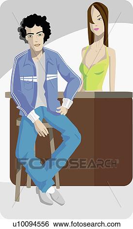 Young woman standing behind a young man sitting on a bar stool View Large Illustration Stock Illustration - Young woman standing behind a young man sitting on a bar stool. Fotosearch