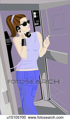 Clipart - Young woman talking on a pay phone. Fotosearch