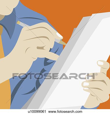 Clip Art - Close-up of a businessman writing on documents. Fotosearch