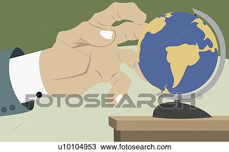 Drawing - Close-up of a businessman's hand touching a globe. Fotosearch