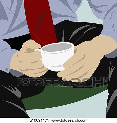 Clip Art - Mid section view of a businessman holding a cup of tea. Fotosearch