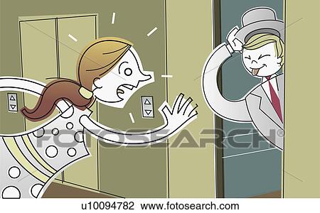 Side profile of a woman running towards an elevator and a man sticking out his tongue View Large Illustration Drawing - Side profile of a woman running towards an elevator and a man sticking out his tongue. Fotosearch