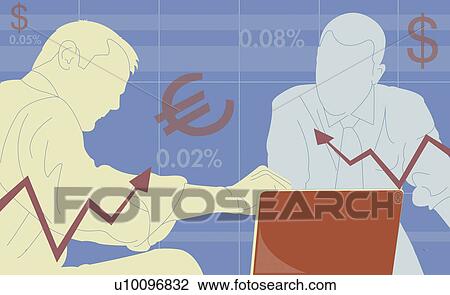 Drawing - Two businessmen discussing with using a laptop. Fotosearch
